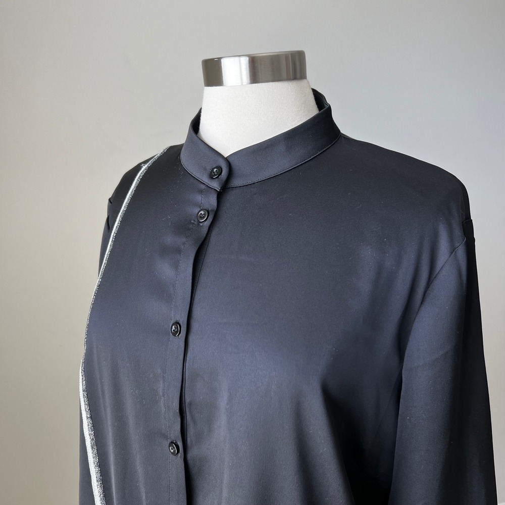 Misook Black Button Down Tunic Mandarin Collar Silver Metallic Trim XL K5081G - Picture 2 of 11